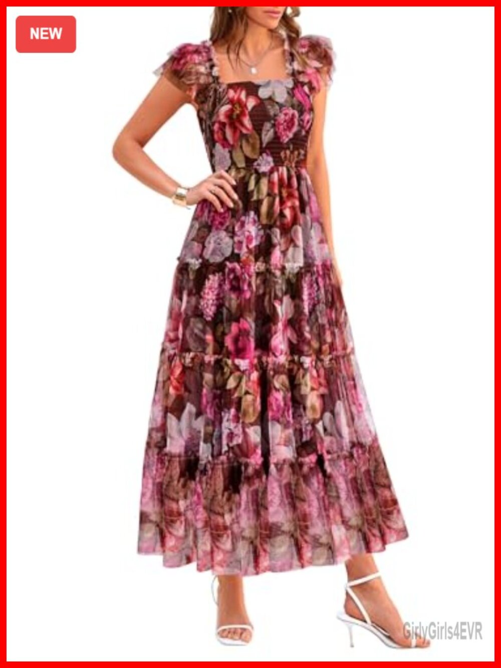 Women's Smocked Midi Tulle Dress Sleeveless A-Line Fit and Flare